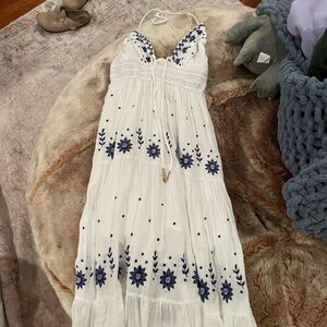 Elegant White and Blue Floral Maxi Dress